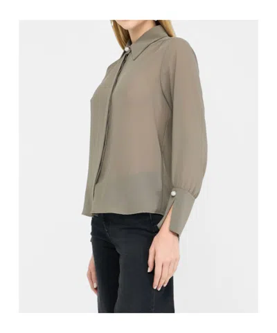 Liu •jo Georgette Blouse With Classic French Collar And Pearl Detail In Brown