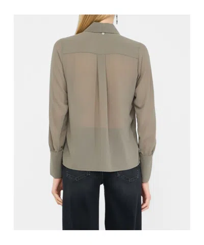 Liu •jo Georgette Blouse With Classic French Collar And Pearl Detail In Brown