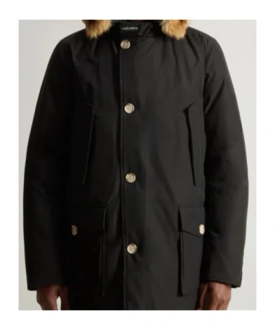 Woolrich Arctic Parka In Ramar Cloth With Detachable Fur Trim In Black