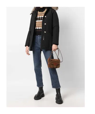 Woolrich Mid-length Black Parka With Detachable Fur-trimmed Hood In Black