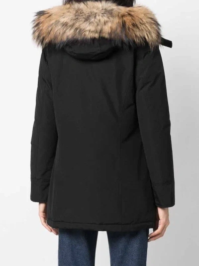 Woolrich Mid-length Black Parka With Detachable Fur-trimmed Hood In Black