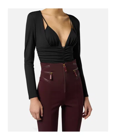 Elisabetta Franchi Long-sleeve Ruched Bodysuit In Black