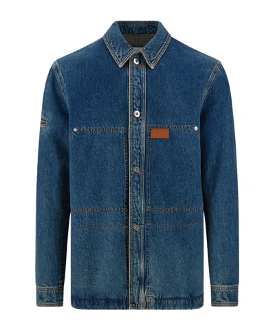 Ferragamo Pocketed Denim Jacket With Stitching And Sleeves In Blue