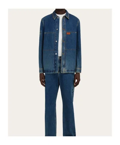Ferragamo Pocketed Denim Jacket With Stitching And Sleeves In Blue