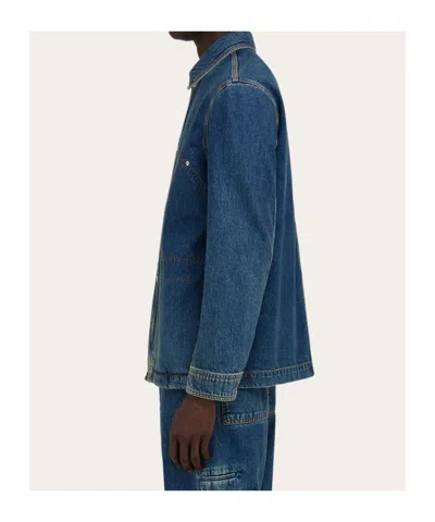 Ferragamo Pocketed Denim Jacket With Stitching And Sleeves In Blue