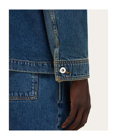 Ferragamo Pocketed Denim Jacket With Stitching And Sleeves In Blue