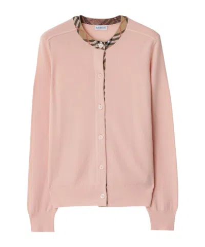 Burberry Check Knit Cardigan With Ribbed Trim In Pink