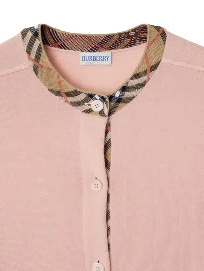 Burberry Check Knit Cardigan With Ribbed Trim In Pink