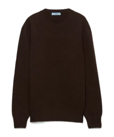 Prada Crew Neck Sweater In Cashmere Wool In Brown