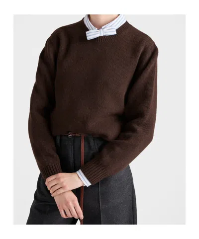 Prada Crew Neck Sweater In Cashmere Wool In Brown
