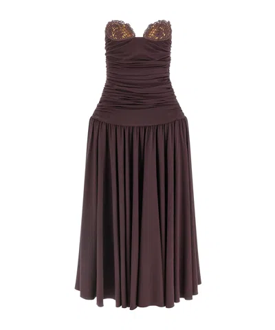 Magda Butrym Flared Skirt Lace Trim Ruched Dress In Brown