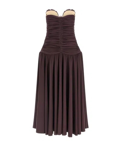 Magda Butrym Flared Skirt Lace Trim Ruched Dress In Brown