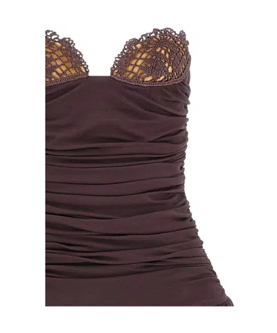 Magda Butrym Flared Skirt Lace Trim Ruched Dress In Brown