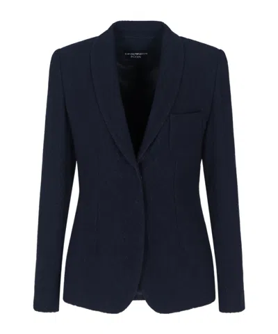 Emporio Armani Icon Single-breasted Blazer In Jacquard With A Chevron Motif In Blue