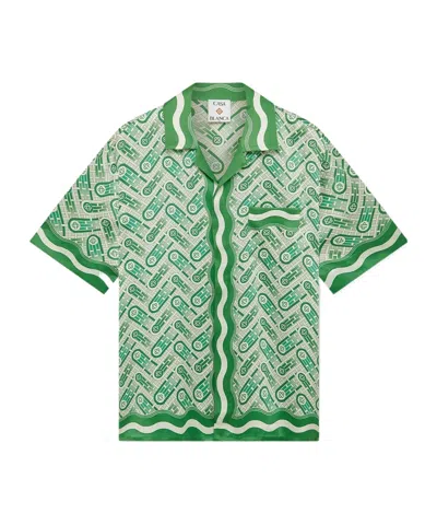 Casablanca Mens Green Ping Pong Ping Pong Monogram Cuban-collar Short-sleeve Silk Shirt In Green