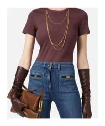 Elisabetta Franchi Crewneck Top Featuring Chain Detail And Charms In Burgundy