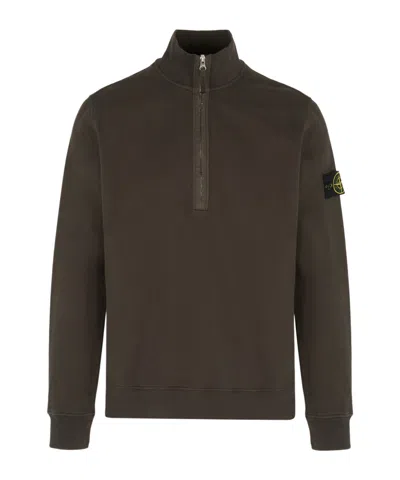 Stone Island Badge Half-zip Cotton Sweatshirt In Brown