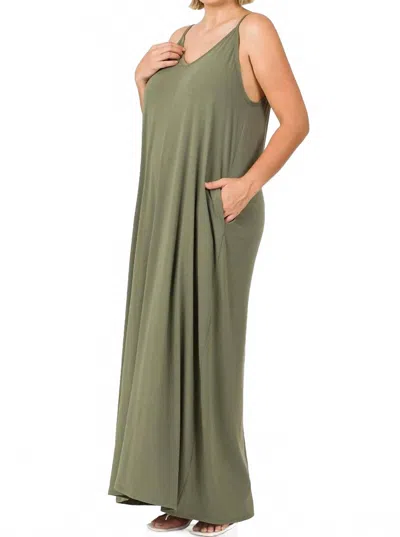 Zenana Maxi Adjustable Straps Dress In Olive In Green