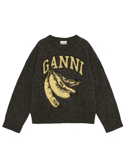 Ganni Jersey With Banana And Logo In Black