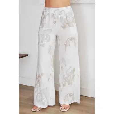 Venti6 Pansy Floral Drawstring Linen Pants In White/beige In White