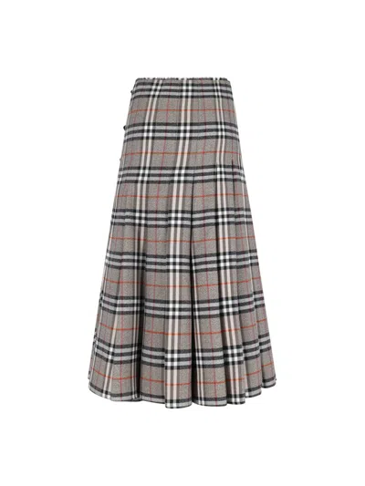 Burberry Beige Midi Skirt With Side Buckle Closure And All-over Check Motif In Wool Woman