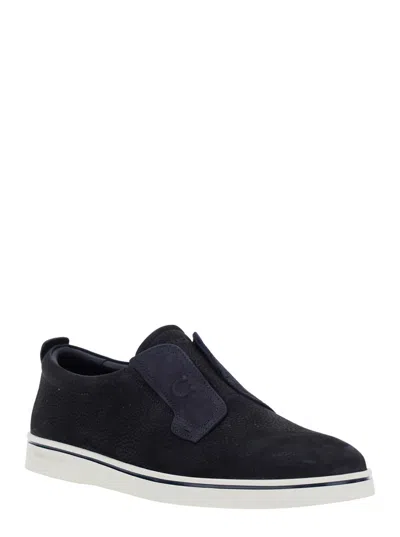 Ferragamo Navy Blue Laceless Sneakers In Blue
