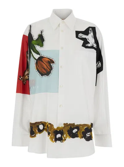 Marni Floral And Abstract Print Button-up Shirt In White