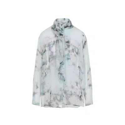 Alberta Ferretti Floral Print Chiffon Blouse With Knot Tie In Blue