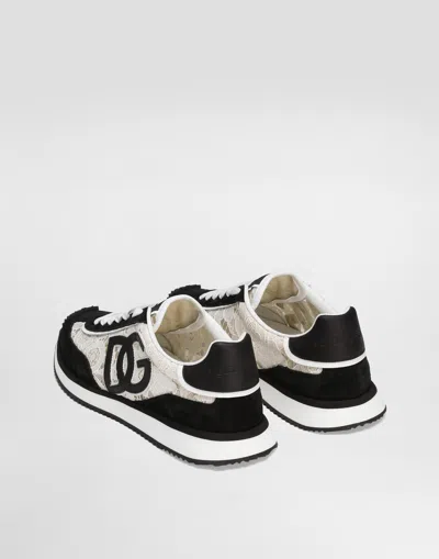 Dolce & Gabbana Women Black And White Low Top With Lace Details And Dg Patch On The Side In Fabric A In Black
