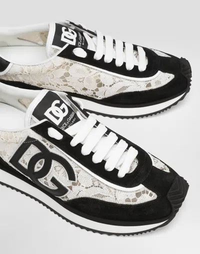 Dolce & Gabbana Women Black And White Low Top With Lace Details And Dg Patch On The Side In Fabric A In Black