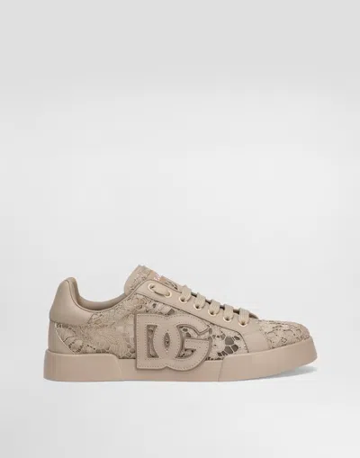 Dolce & Gabbana Portofino Light Strobel Sneakers In Taormina Lace And Calfskin
