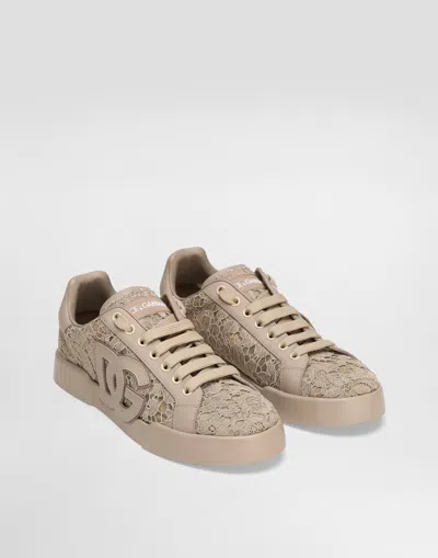 Dolce & Gabbana Portofino Light Strobel Sneakers In Taormina Lace And Calfskin