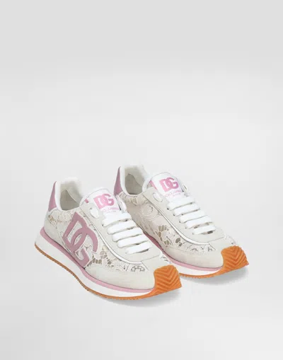 Dolce & Gabbana Women White Low Top With Lace Details And Dg Patch On The Side In Fabric And Suede B In Purple