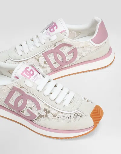 Dolce & Gabbana Women White Low Top With Lace Details And Dg Patch On The Side In Fabric And Suede B In Purple