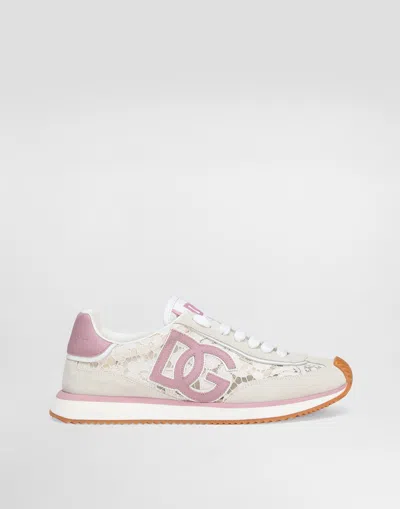 Dolce & Gabbana Women White Low Top With Lace Details And Dg Patch On The Side In Fabric And Suede B In Purple