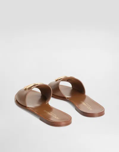 Dolce & Gabbana Women Camel Calf Leather Bianca Slides In Brown