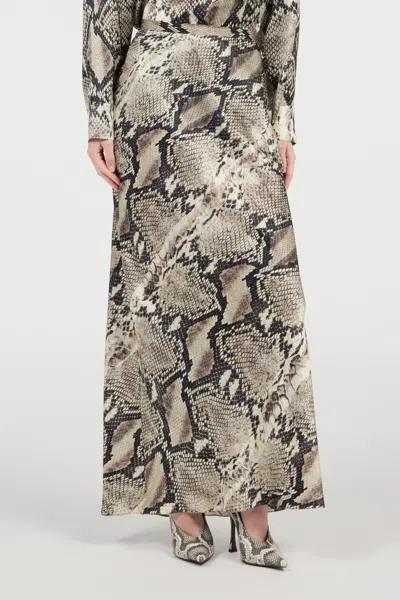 Roberto Cavalli Python Printed Silk Satin Long Skirt In Gray