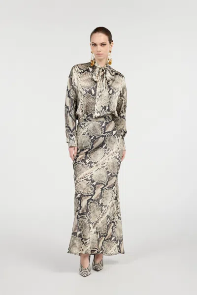 Roberto Cavalli Python Printed Silk Satin Long Skirt In Gray