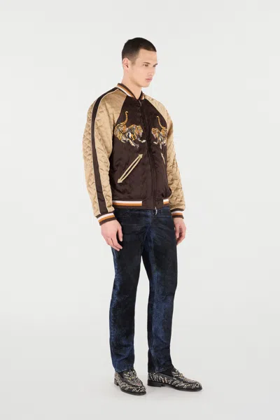 Roberto Cavalli Tiger-embroidered Quilted Bomber Jacket In Brown