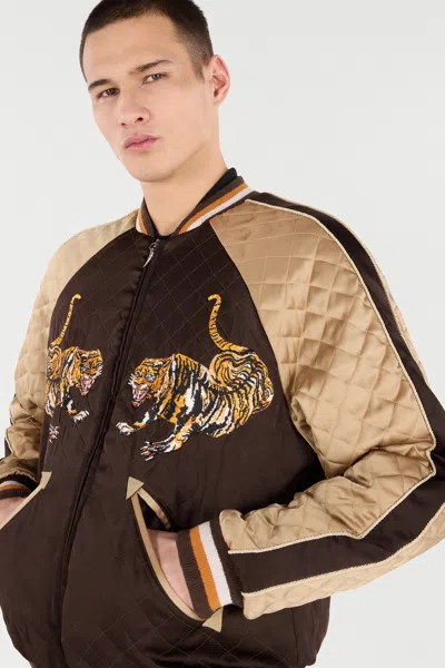 Roberto Cavalli Tiger-embroidered Quilted Bomber Jacket In Brown