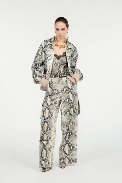 Roberto Cavalli Silk Top With Python Print In Gray