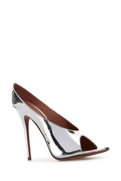 Amina Muaddi Silver Leather Anok 105 Mules