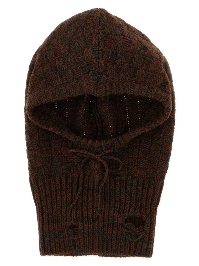 Mm6 Maison Margiela Distressed Wool Balaclava With Drawstring And Ribbed Hem In Brown