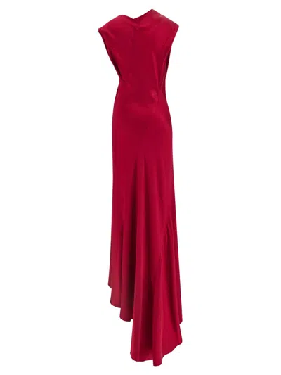 Alberta Ferretti Satin Draped Floor-length Dress With Asymmetric Neckline In Red