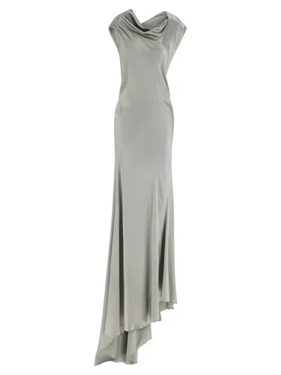 Alberta Ferretti Draped Satin Dress Asymmetric Neckline In Gray