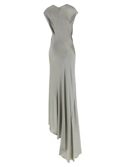 Alberta Ferretti Draped Satin Dress Asymmetric Neckline In Gray