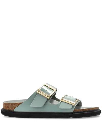 Birkenstock Contoured Leather Sandals With Adjustable Metallic Buckles In Green