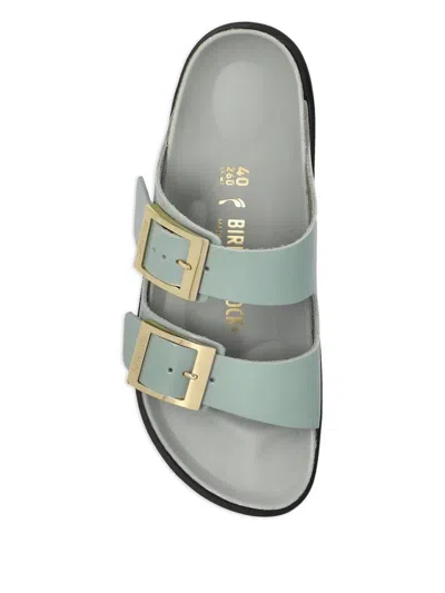 Birkenstock Contoured Leather Sandals With Adjustable Metallic Buckles In Green