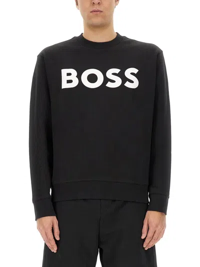 Hugo Boss Relaxed-fit Cotton-terry Sweatshirt With Rubber-print Logo In Black