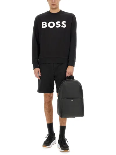 Hugo Boss Relaxed-fit Cotton-terry Sweatshirt With Rubber-print Logo In Black